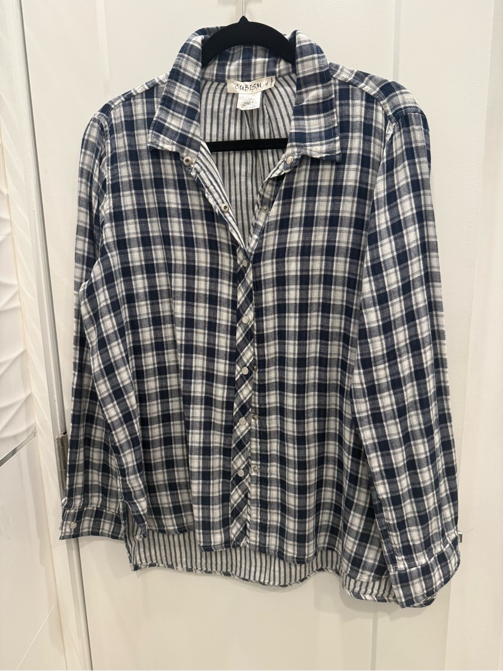 Cubism Navy and White Plaid Button-Front Reversible Blouse